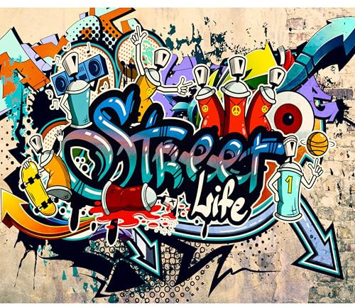 decomonkey - Papier Peint Panoramique Graffiti 350x256 cm - Décoration murale moderne – Tapisserie décorative pour chambre salon - Graffiti artistique coloré urbain mural fond adolescent