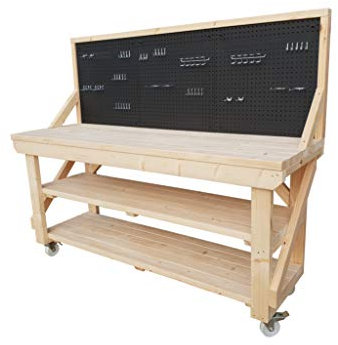 Wooden Acorn Heavy Duty Work Bench With Peg Board -Two Shelves And Wheels With Castors - 46 Piece Peg Kit INCLUDED - 4FT 6FT - Made Of Kiln Dry Timber - Industrial Garage Work Table Handmade (6ft)