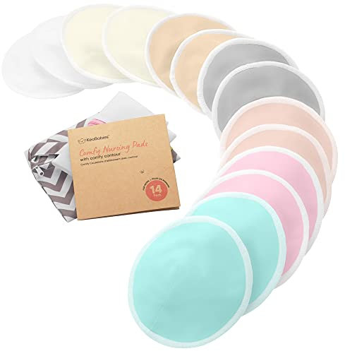 Assorbilatte di Bambù Organico - 14 Cuscinetti Lavabili + Borsa da Bagno - Cuscinetto per Capezzolo per Allattamento in Maternità (Pastel Touch, M 10cm)