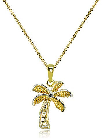 Two-Tone Gold Flashed Sterling Silver Polished Palm Tree Summer Filigree Pendant Necklace