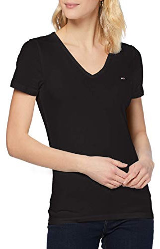 Tommy Jeans TJW SKINNY STRETCH V NECK Camisetas de Punto de Manga Corta Mujer, Negro (Black), S