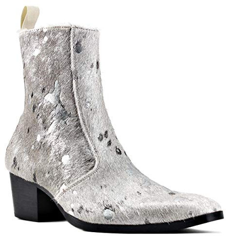OSSTONE Chelsea cowboy Stiefel für Männer High Heels boots men Herren Kleid Schuhe Reißverschluss leder Leoparden OS-JY012-B-DE，Silber，Mens size EU45