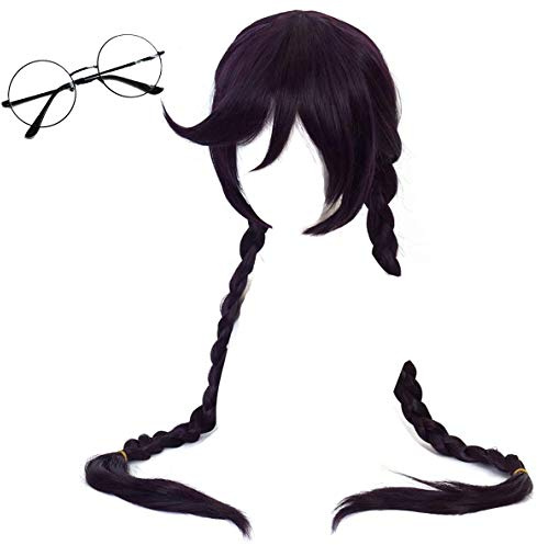 GZIRUE Dunkelviolett Lange Geflochtene Haar Zöpfe Braids Perücken für Toko Fukawa Perücke Halloween Party Kostüm Cosplay Wig mit Brille (Perücke mit Brille (Schwarz))