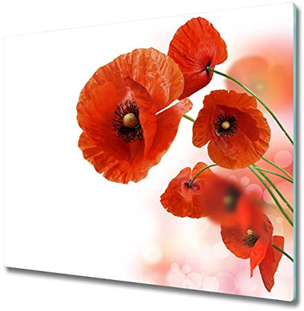 Planche à Découper en Verre Trempé 60x52 cm Décoration Avec Impression Contact Alimentaire Bords Polis Résistant à la Chaleur Pieds Antidérapants Modernité Symétrique - Coquelicots