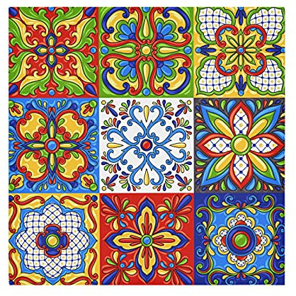 Mexican Talavera Ceramic Tile Ethnic Folk Ornament Italian Pottery Dinner Cloth Napkin, Set of 6 Oversized Reusable Table Napkins, Washable Premium Fabric with Hemmed Edges for Wedding Parties