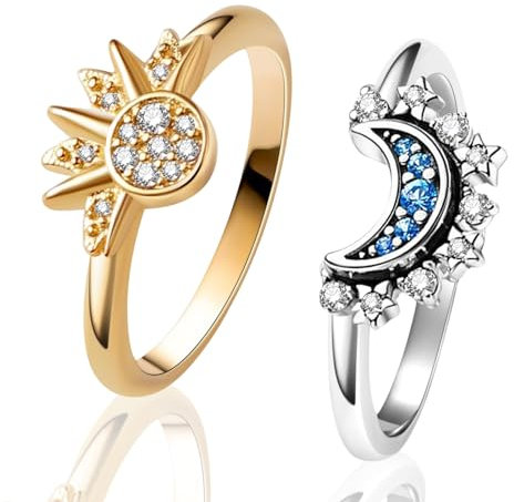 Halukakah Himmelsring-Set Sonne und Mond: 18k Echtgold oder Platinplattierung Glänzende Sonnen und Blaumondringe, Freundschaftsversprechen-Ringe, StapelbarerHimmlischer Schmuck, für Frauen, Größe 7