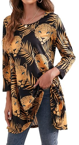 Enmain Tunic Tops for Women UK 3/4 Long Sleeve Tunics for Leggings Plus Size Round Neck Ladies Longline Top Casual Loose Blouse T Shirt Orange Black Leopard Patterned Swing T-Shirt S