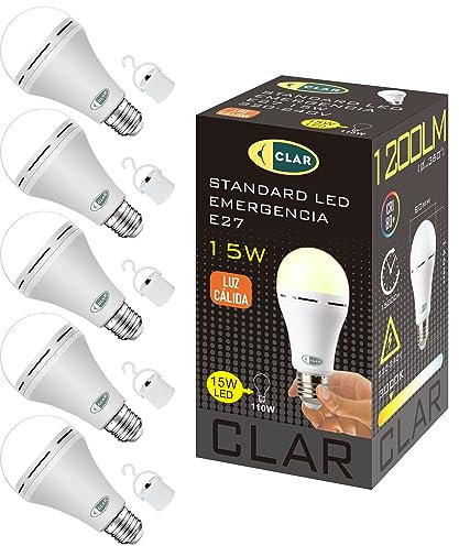 CLAR - Lampadina Ricaricabile 15W, Lampadina a Batteria, Lampade senza Corrente, Lampadina senza Corrente, Luci per Gazebo mercatini, Senza USB (Pack 5)