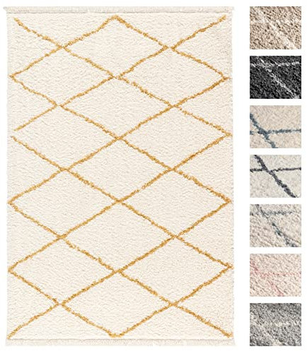 TESSO LIVING Hochflor Teppich Laufer 80 x 150 Weiss Gelb Diamantmuster, Super Soft Moderner Shaggy Teppich