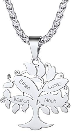 Suplight Arbre de Vie Prénom personnalisé Collier 2 Prénoms Gravé Plaqué Or Acier Inoxydable Charm Arbre de Vie pour Famille avec Chaîne 55cm+5cm Bijoux Personnalisé Fête des Mère Anniversaire Noël