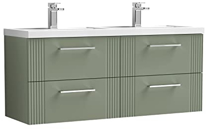 nuie DPF893C Deco Modern Bathroom Wall Hung 4 Drawer Part Fluted Vanity Basin Unit with Twin Polymarble Basin, 1200mm, Satin Green