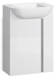 Mueble de Baño Suspendido a Pared Fondo Reducido Versa | Mueble Aseo Volado Pequeño de 1 Puerta y Lavabo Cerámico | Blanco Brillo Tirador Cromo | 45cm