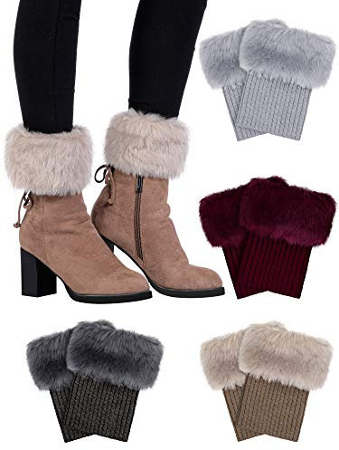 4 Paar Damen Gestrickte Kunstpelz Stulpen Socken, 4 Farben (Weinrot, Dunkelgrau, Hellgrau und Khaki)