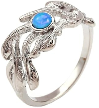 BIOLIVING Mignon Femelle Blanc Bleu Opale De Feu Pierre Anneau Or Argent Couleur Bague De Fiançailles Charme Arbre Branche Anneaux De Mariage pour Les Femmes