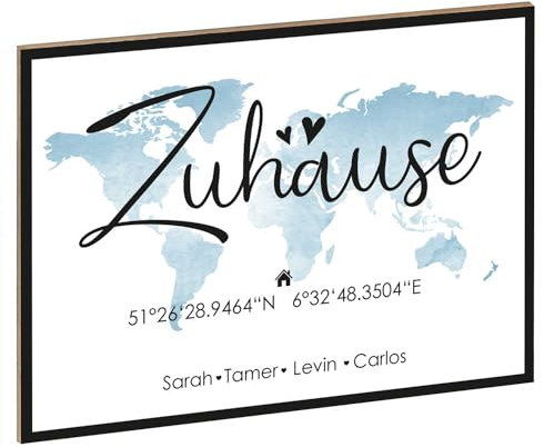 GRAVURZEILE Holzschild mit Spruch - Zuhause - Personalisiert mit Namen & Koordinaten - Moderner Kunstdruck auf Holz - Wand Dekoration im Vintage Look - Geschenk für Familien Sie & Ihn - Farbe Blau