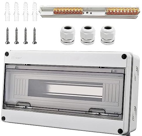 Sicherungskasten Aufputz, Verteiler IP65-1 Reihig-18 Module, Mit 9 Terminals 3 Steckverbinder, Geeignet für Gärten im Freien, Bauernhöfe, Ladesäulen, Feuchtraum (18 Module)