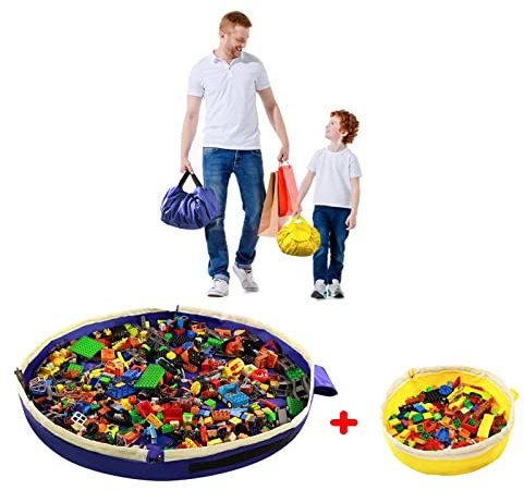 Toy Storage Mat Bag by Drawstring for Lego - Play Mat Bag Toy Storage Container for Kids with Cap can as Gift£¨2Pcs = Big Blue + Mini Yellow£©