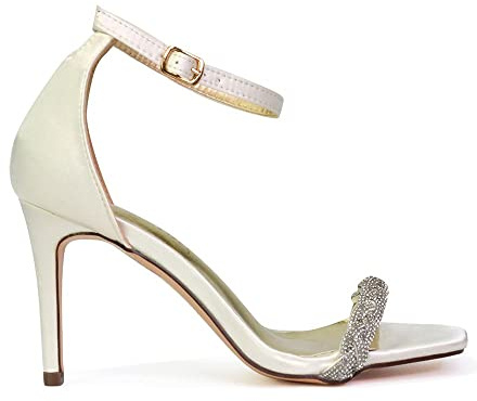 ESSEX GLAM Womens Mid High Heel Sandals Ladies Diamante Square Toe Evening Party Shoes Size 3-8 Ivory Satin