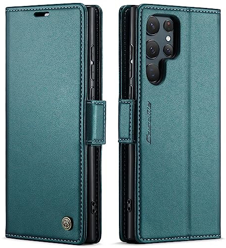 QLTYPRI Hülle für Samsung Galaxy S22 Ultra Handyhülle mit RFID Schutzhülle, Vintage Leder Hülle mit Kartenfach Ständer PU Ledertasche Stoßfeste Flip Wallet Case für Samsung S22 Ultra - Grün