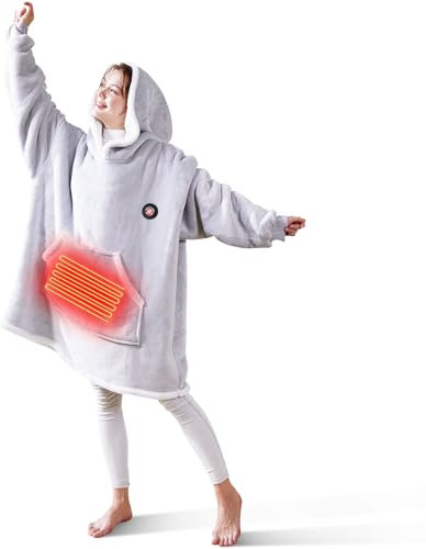 Mia&Coco Heated Hoodie Blanket Women Men, 3 Heat Levels & 2 Hours Auto Off, Oversized Hooded Blanket Hoodie with Pocket, Oeko-Tex Standards Cosy Flannel Sherpa Hooded Blankets, Battery NOT Included