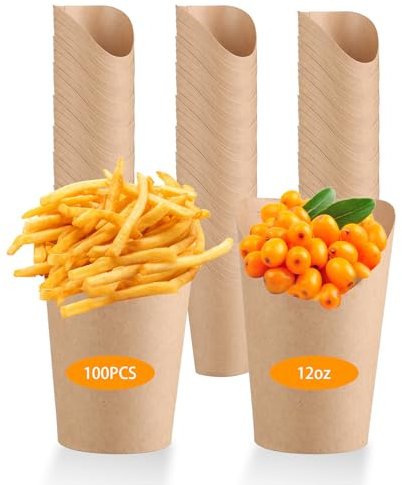 SHUESS 100 Pack 12oz Kraft French Fries Holder - Disposable Brown Fries Holder - Chip Cones for Crisps - Charcuterie Cups for Popcorn, Fruits, Crisps, Waffle and Ice Cream