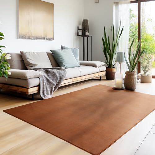 HomebyHome Kurzflor Teppich Wohnzimmer 120 x 170 cm Braun - Waschbarer Teppich für Schlafzimmer, Esszimmer und Ideal als Küchenteppich - Flauschiger Teppich Extra Weich, Einfarbig, rutschfest, Modern