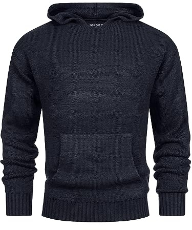 Indicode Herren INLedger Strickpullover mit Kapuze | Herrenpullover Pulli Hoodie Cardigan Männer Navy, S