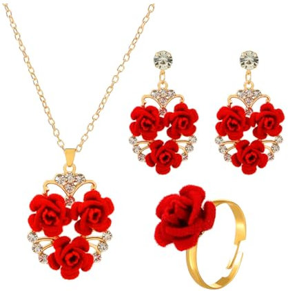 FDEETY Ensemble Bijoux Cœur Roses Collier Boucles D'oreilles Bague Femme Élégant Cristal Strass Doré Romantique