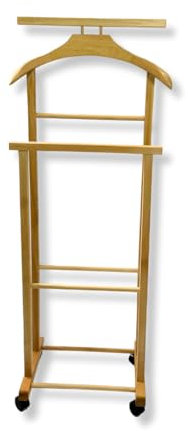 Mottiwood Porteur double avec crochets pour pantalon, porte-manteau de chambre, 100 % bois de hêtre, servant muet double avec 4 roues, couleur naturelle, fabriqué en Italie