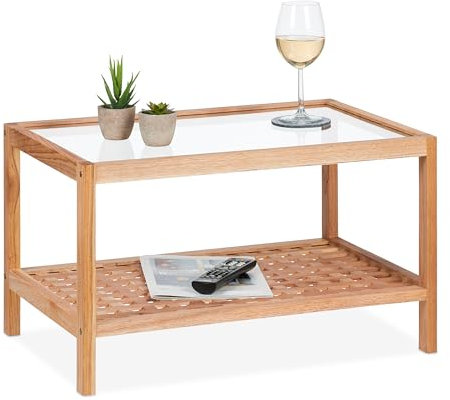 Relaxdays Auxiliar Mesa de Centro con Tablero Cristal, Mesita Sofá con Estante, Madera de Nogal, Salón, 35x60x40 cm, Natural, Acero