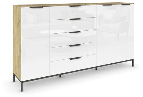 Rauch Möbel Flipp, Kommode mit Stauraum für Wohnzimmer, Schlafzimmer, 4 Böden, mit Metallkufe graphit, Eiche Artisan/Glasfront Weiß, Holz, 3-türig, Glastüren, 5 Schubladen, Griffe graphit,199x111x42cm