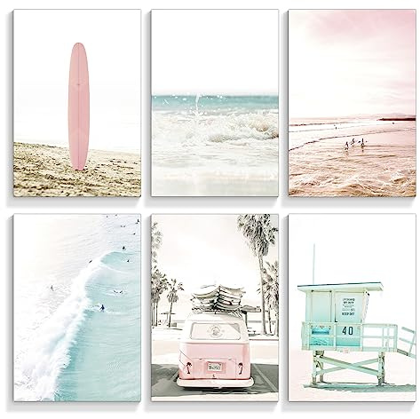 Anslipswar Leinwandbild, Motiv: tropischer Sommer, Ozean, Küstenposter, adrette Galerie, Stranddruck, nautisches Surfbrett, Bus, Raumdekoration, Kalifornien, Strandbilder, ungerahmt, 6 Stück