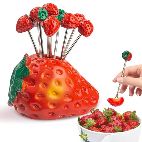 Set mit 10 Erdbeer-Edelstahl-Fruchtgabeln und 1 Erdbeerhalter, Obstgabeln Dessertgabeln Salatgabeln Lebensmittel-Picker