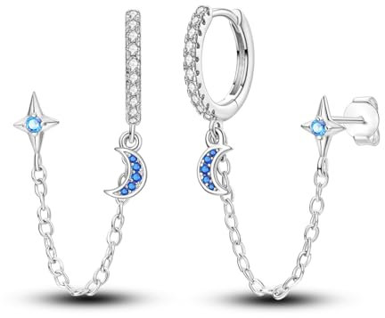Hapour-Ohrringe mit doppelter Piercingkette für Frauen, Teenager, 925 Sterlingsilber-Creolen, Huggie-Manschettenkette, baumelnde Ohrringe mit CZ-Stern-Mond-Anhänger