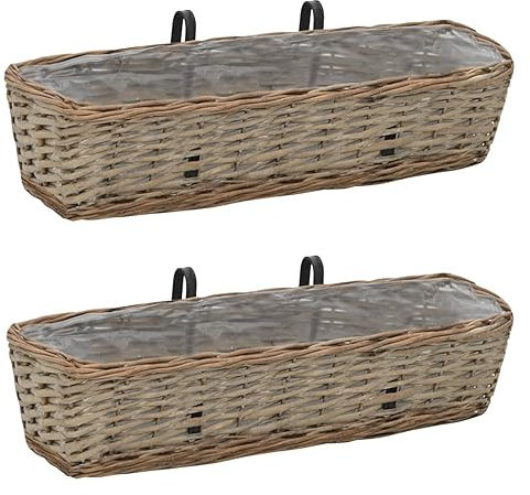 Cosisti Jardinières Balcon 2 pcs Jardinière Suspendue en rotin Pot de Fleurs Aspect rotin Jardinieres Exterieur Bac Jardiniere Bac à Fleurs Extérieur Osier avec Doublure de PE-60 x 18 x 13 cm