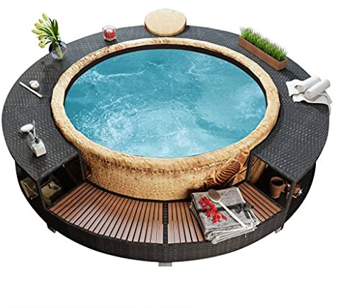 Willood Whirlpool Umrandung mit Stauraum Rund Poolumrandung Poolverkleidung für Spa Schwarz Poly Rattan Stahlrahmen Eukalyptus-Hartholz