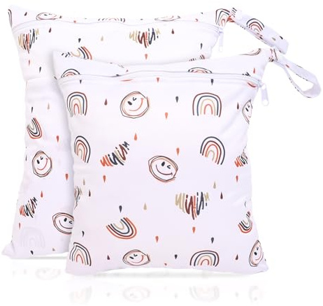fanksoow 2 Stück Nassbeutel Kindergarten, Wetbag Kita Mädchen und Junge, Wet Bag Organiser für Kleinkind Windeln Reisen Gym Strand Pool (Regenbogen Lächeln)