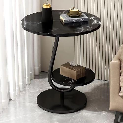 EpuzeR Round Side End Table with Double Decker Storage, Coffee Tables for Living Room, Nesting Tables, Metal Frame Night Stand(Black,50cm)