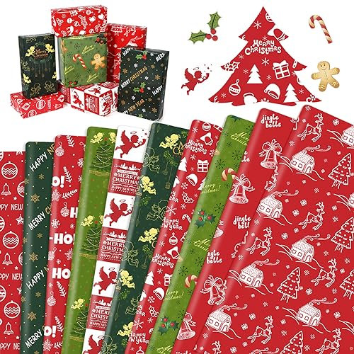 HOWAF 10 x Groß Blatt Geschenkpapier Weihnachten Kinder Weihnachtspapier Geschenkpapier Weihnachten Set, 70x50cm, Grün Gold Rot Weiß Weihnachtsgeschenkpapier Kinder Packpapier Weihnachten