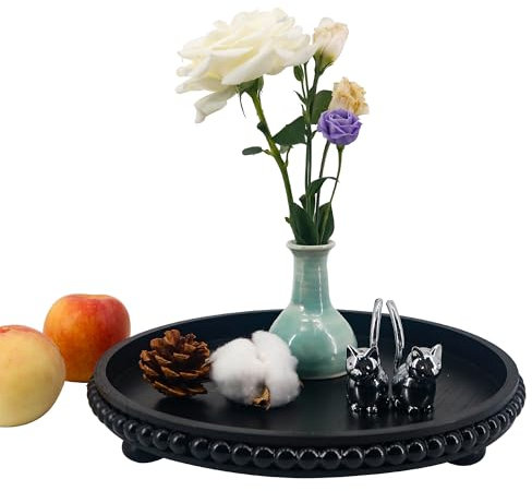 GMFrames Round Decorative Tray Coffee Table Tray with Wood Beaded,Rustic Centerpiece Serving Tray for Farmhouse Kitchen Decor,Bathroom Organizer Black