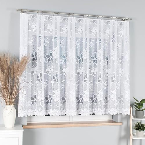 Gardinen Vorhangen Weiß 300x150 cm (BxH) Atorno Kurz Jacquard Gardinen mit Kräuselband Scheibengardine Wohnzimmer Florales Motiv Küchengardinen Stores Gardinenschals Kurzstores