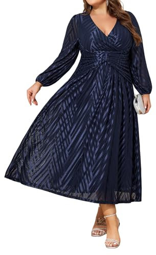 unewmy Plus Size Women V Neck Shiny Maxi Dress Ladies Elegant Long Sleeve Ruffle Swing Evening Cocktail Wedding Formal Party Dresses Ball Gown Navy Blue