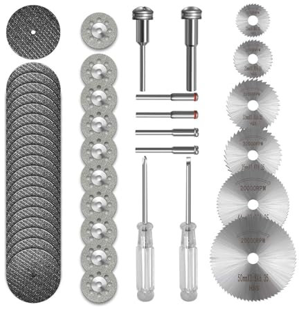 Drill Saw Blades for Dremel Rotary Tool,44Pcs Set, 6pcs HSS Cutting Discs, 20pcs Resin Cutting Discs, 10pcs Diamond Cutting Wheels, 8pcs Mandrels, for Cutting Wood Metal Plastic Aluminum