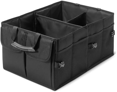 Amazon Basics Car Boot Organiser, Multi-Compartment Trunk Storage Box, Foldable, 51L Capacity, Black