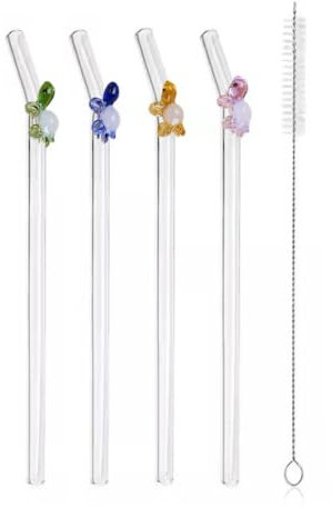 4 Pcs Glass Straws with Turtle Reusable Turtle Design Glass Straws with Brushes,Fun Cleaning Bend Drinking Glass Stra
