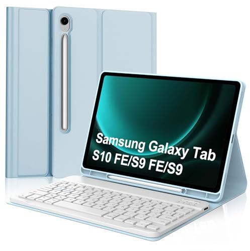 IVEOPPE Coque Clavier pour Samsung Galaxy Tab S10 FE/S9 FE 10.9/S9 11, Étui Keyboard Azerty Bluetooth DéTachable avec Porte Crayon pour Samsung Tab S10 FE/S9 FE 10.9/S9 11, Bleu Ciel