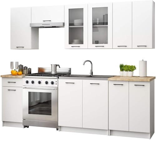 AKORD Küchenmöbel-Set OLIWIA 2.4m H720 Modulares 240 cm 11 Türen 1 Schublade, Küche Komplett, Kitchen Cabinet Set, Küchenschränke, Standschränke, B240xH203xT46 cm, Weiß & Weiß