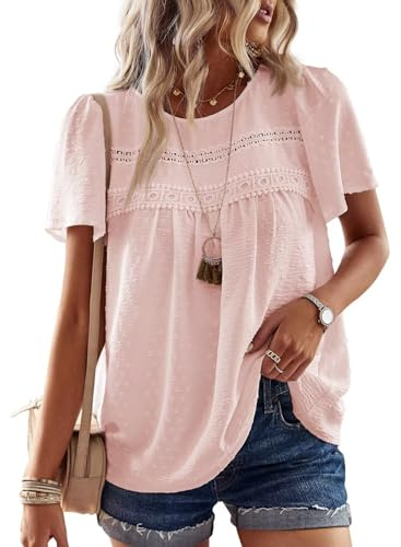 TUUHAW T-Shirt da Donna Pizzo Manica Corta Magliette con Scollo Estive Top | Casual Camicia, Boho Maglie, Pizzo Maglie, Estiva Maglietta, Elegante Blusa, Traspirante Classica, Vintage Affari Tunica