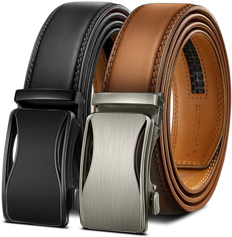 KEMISANT Gürtel Herren 2er, Gürtel Ratsche Automatikschließe Ledergürtel für Herren Verstellbar 35mm Breit mit Geschenkbox(Schwarz/Orange Braun,140cm/42-48 taille verstellbar)