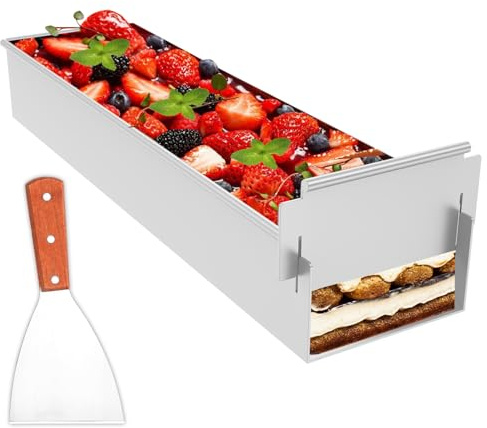 KTCINA Tiramisu Pan Nonstick Aluminum Alloy Rectangle Cake Mold with Shovel Heat Resistant Mousse Molds, Adjustable Cake Baking Tray for Tiramisu Cheesecake Mousse Dessert(Movable)
